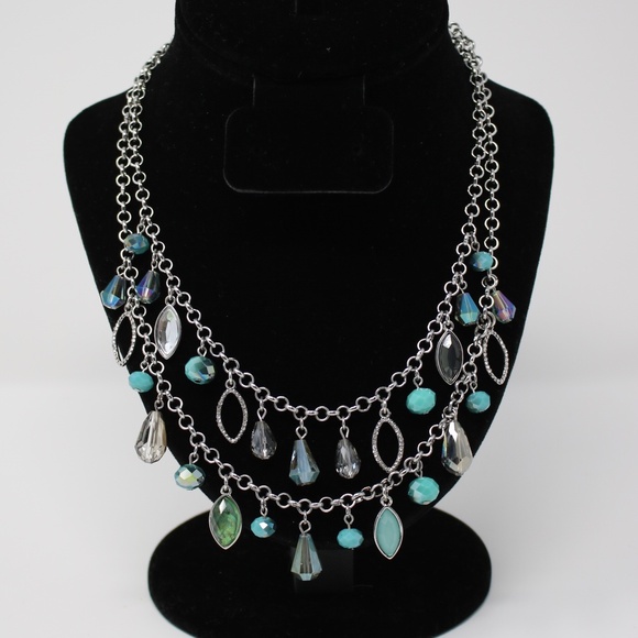 Simply Vera Silver Tone Double Chain Crystal Rhinestone & Faux Set Gems Necklace - Picture 1 of 7